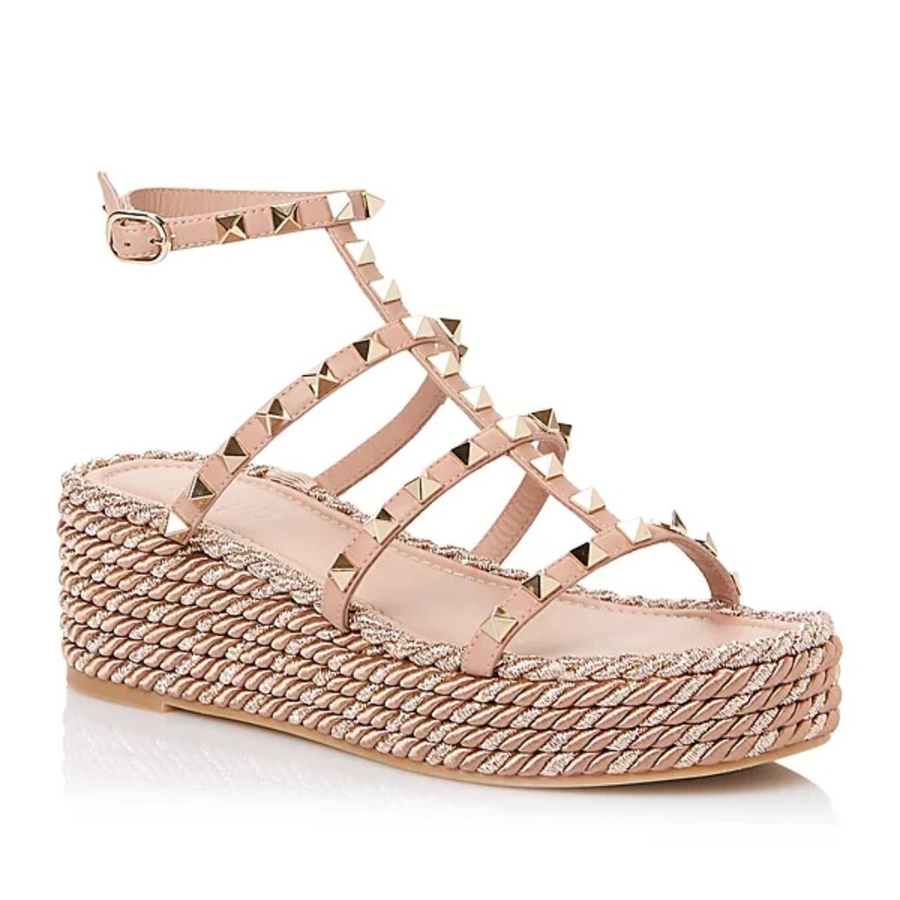 Valentino Garavani Rose Cannelle Rockstud Double Espadrille Wedge Sandals